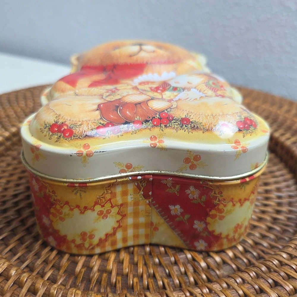 Vintage Christmas Teddy‎ Bear Shaped Tin Box Patchwork Quilt Print With Angel
